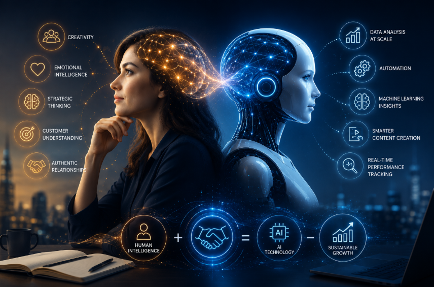 IMAGE OF MY BLOG IN MY WEBSITE https://dilbarjinanmarketer.com/ WITH TOPIC: The Future of Digital Marketing Isn't AI—It's Human Intelligence Enhanced by AI